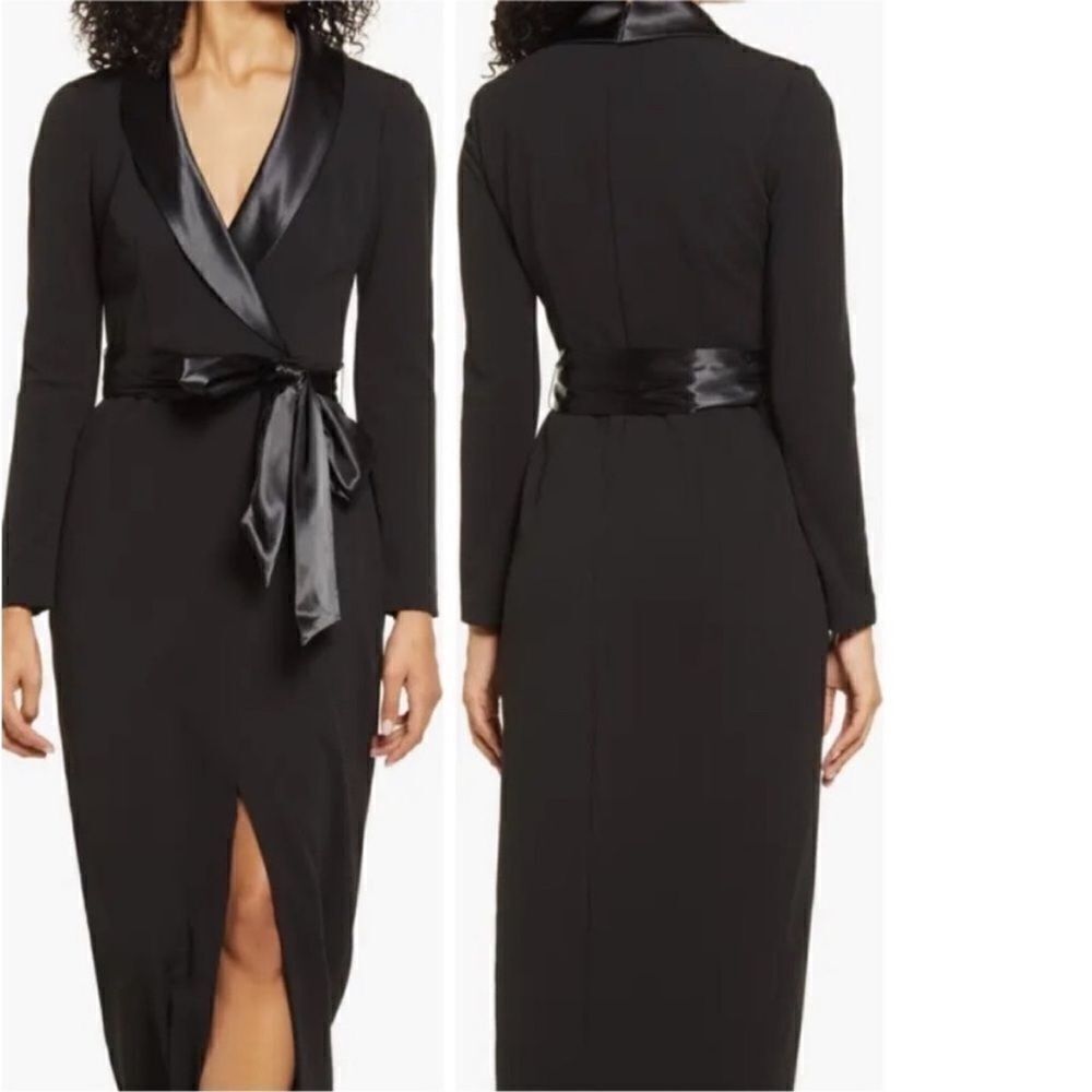 NWT Eliza J Tuxedo Wrap Maxi Satin Collar Long Sleeve Black Size 6 $188